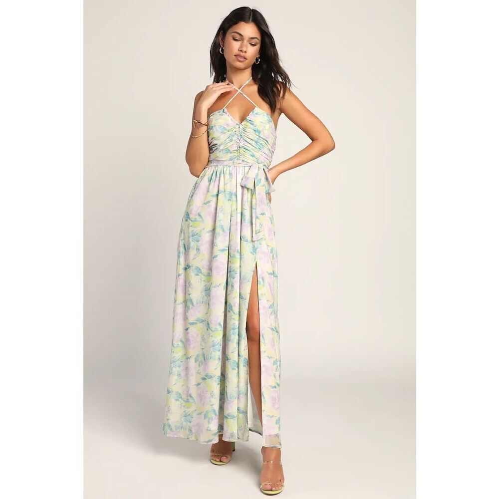 Lulus Effortlessly Abloom Green Multi Floral Ruched Halter Maxi Dress Size S NWT